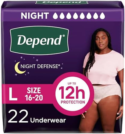 Depend Night Defense Adult Incontinence & Postpartum Bladder Leak Underwear for Women, Disposable, Overnight, Large, Blush, 22 Count, Packaging May Vary