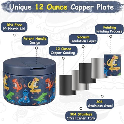 12oz Insulated Vacuum Food Jar with Buckle Lid Wide Mouth Soup Thermo for Hot Food Kids Leakproof Stainless Steel Lunch Container (Blue-Dinosaur)