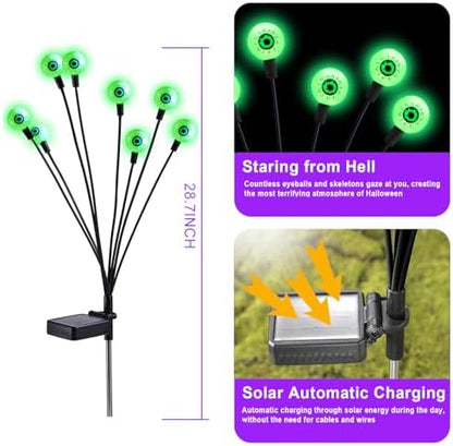ASMAD Halloween Decorations Outdoor Solar Scary Eyeball Lights, 4Pack 32LEDs Green Eyeball Swaying Firefly Light, Waterproof Halloween Path Lights for Garden/Yard/Patio/Party Decor