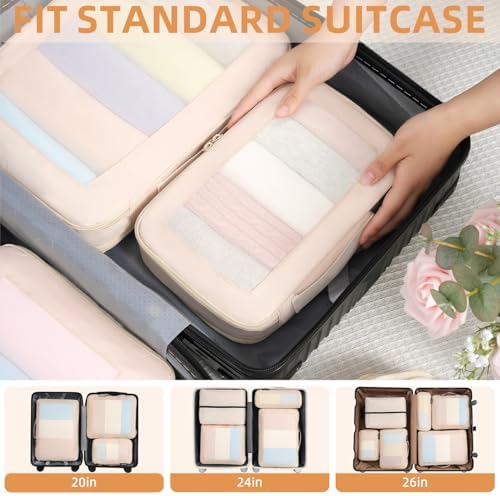 BAGAIL 4 Set/6 Set/8 Set Compression Packing Cubes Travel Accessories Expandable Packing Organizers (Square Mesh, 05-Beige)