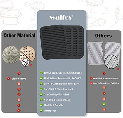 Walfos Silicone Trivets for Hot Pots and Pans - 446°F Heat Resistant Hot Pads for Kitchen Counter- 4 Pcs Multi-Purpose & Versatile Trivet Mat - Long-Lasting & Flexible Silicone Hot Pad（Black）