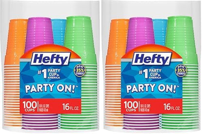 Hefty Party On Disposable Plastic Cups, Assorted, 16 Ounce, 100 Count (Pack of 2)