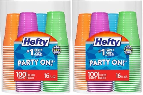 Hefty Party On Disposable Plastic Cups, Assorted, 16 Ounce, 100 Count (Pack of 2)