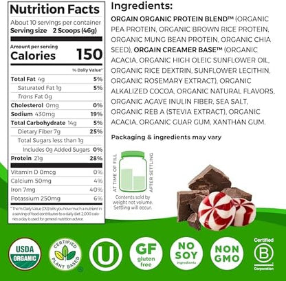 Orgain Organic Vegan Protein Powder, Peppermint Hot Cocoa Holiday Flavor - 21g of Plant Protein, 5g Prebiotic Fiber, No Lactose Ingredients, No Added Sugar, Non-GMO, For Shakes & Smoothies, 1.02 lb