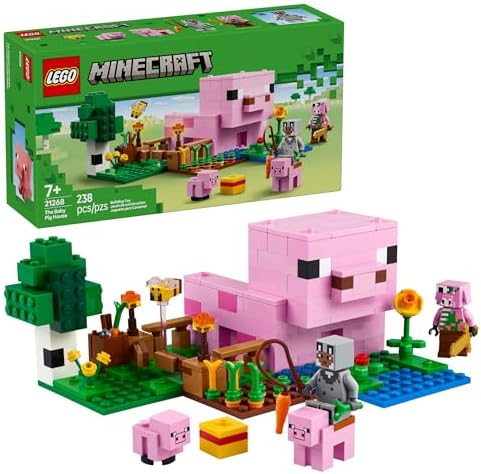 LEGO Minecraft The Baby Pig House Toy Figures and Playset - Building Minecraft Toy for Kids, Boys and Girls, Ages 7+ - Gift for Birthdays - with 2 Minifigures for Pretend Play - 21268