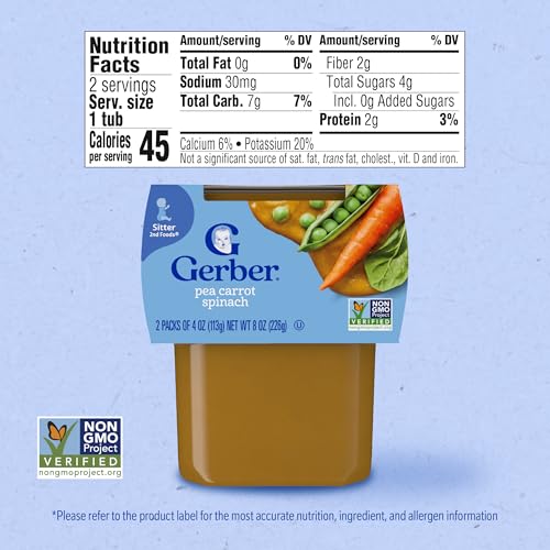 Gerber 2nd Foods Pea, Carrot & Spinach Pureed Baby Food, 4 Ounce Tubs, 2 Count (Pack of 8)