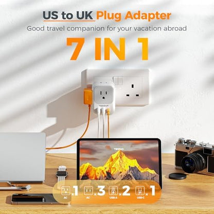 US to UK Plug Adapter, TESSAN UK Adapters for Travel, Foldable Plug with 4 Outlets 3 USB (PD 20W 1 USB C), Type G Power Adaptor for USA to Ireland Scotland England London Hongkong Dubai Irish