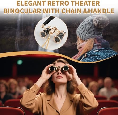 3X25 Opera Glasses for Women with Adjustable Handle & Chain,BK7 Optical Lens, Vintage Compact Mini Theater Binoculars Adults Kids in Opera Musical Concert-Black