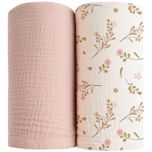 Konssy Muslin Swaddle Blankets for Boys Girls, 2 Pack Receiving Baby Blanket Large 47 x 47 inches, Soft Breathable Swaddling Wrap for Unisex Newborn (Pink, Floral)