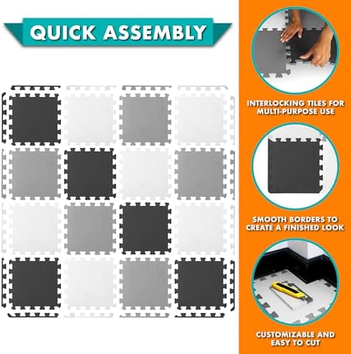 ProSource Foam Puzzle Floor Play Mat for Kids and Babies with Solid Colors, 36 or 16 Interlocking Tiles with Borders, Black/Grey/White