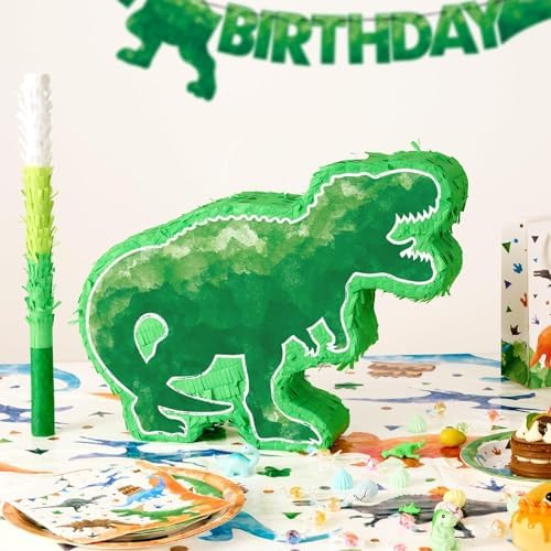 WERNNSAI Dinosaur Piñata - Watercolor Green Dinosaur Piñata Birthday Piñata with Stick and Blindfold for Kids Birthday Party Game Classroom Activities Dinosaur Themed Party Decor(16.9’’ x 12.9’’)