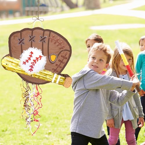 WERNNSAI Baseball Piñata - Baseball Piñata Bundle with Blindfold and Bat Sports Birthday Party Decorations for Boys Kids Pull String Baseball Gloves Piñata Family Games Baseball Party Supplies