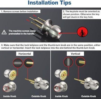 BESTTEN [2 Pack] Entry Door Knob with Lock, Keyed Different Door Lock for Exterior Door and Front Door, Standard Ball, Satin Nickel