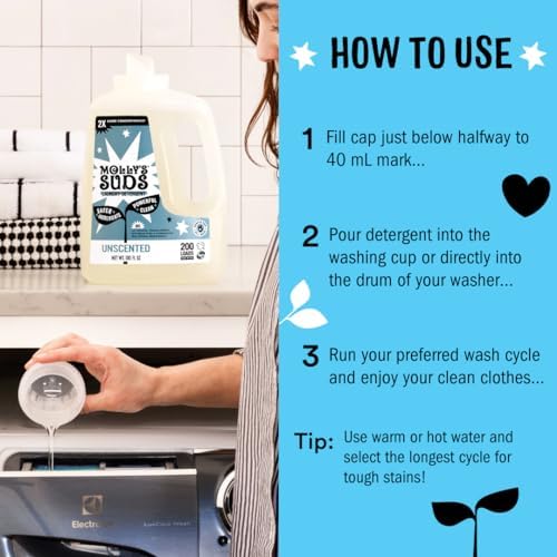 Molly's Suds Liquid Laundry Detergent | Clean Laundry Detergent Soap for Sensitive Skin | 2x Concentrated, High Efficiency (HE) | Peppermint - 100 Loads