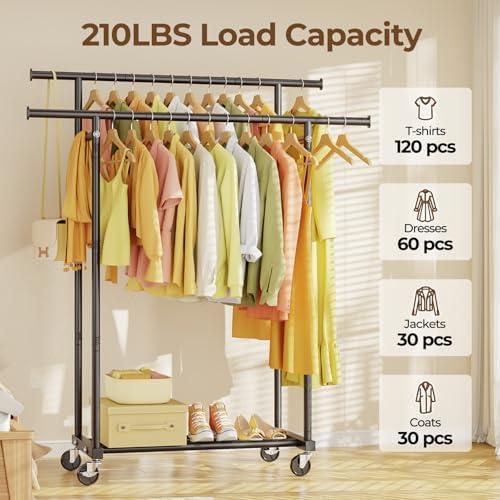 Double Rods Clothes Rack, Rolling Clothing Rack for Hanging Clothes Portable Wardrobe Rack, Metal Garment Rack Sturdy Coat Rack for Bedroom Laundry Living Room, Black
