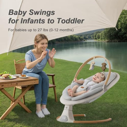 Baby Swings for Infants, Monamii Baby Swing, Bluetooth Infant Swing with Music Speaker, 5 Speeds and Remote Control, Indoor & Outdoor Use (Beige)
