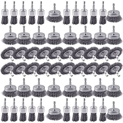 60 Pack Rocaris Carbon Steel Wire Wheel Brush Set - Cup, Wheel, and Pen Brushes With 1/4-Inch Hex Shank for Rust Removal, Corrosion and Scrub Surfaces
