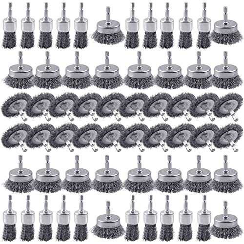 60 Pack Rocaris Carbon Steel Wire Wheel Brush Set - Cup, Wheel, and Pen Brushes With 1/4-Inch Hex Shank for Rust Removal, Corrosion and Scrub Surfaces