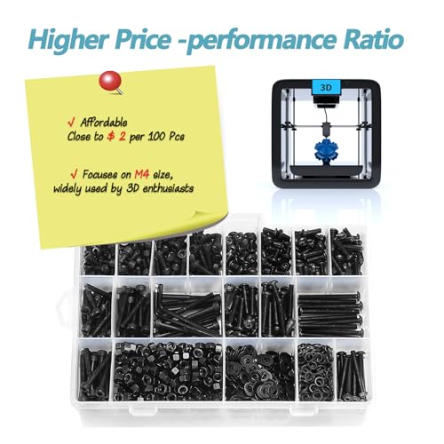 Kadrick Metric Screws Assortment,1400 Pcs M4 Screws Nuts Washers Assortment M4x6MM-40MM, Hex Socket Button & Cap Head M4 Machine Bolts Kit, 12.9 & 10.9 Grade Black Alloy Steel for 3D Printing