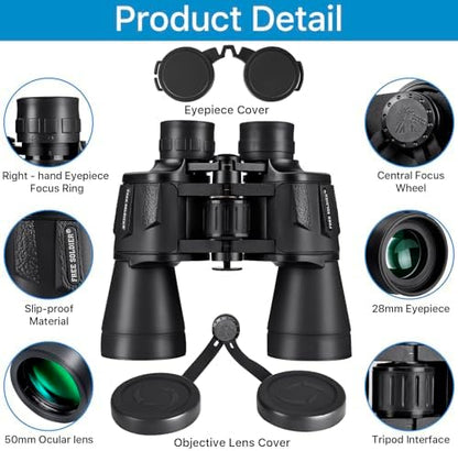 20x50 High Power Binoculars for Bird Watching 28mm Large Eyepiece Life Waterproof Binoculars for Hunting Hiking Concert Travel with Smartphone Adapter BAK4 Prism FMC Lens, Black