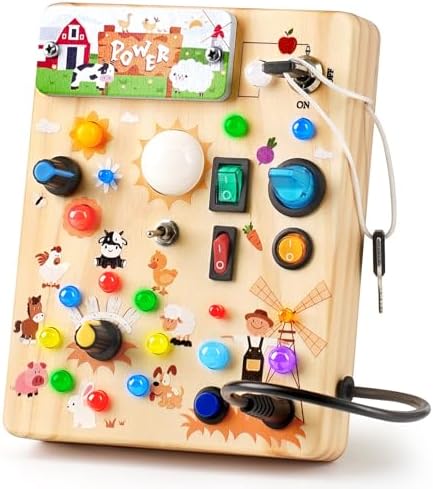 Joyreal Montessori Busy Board Wooden Sensory Toys for Toddler with LED Light Up Switch, Baby Fidget Board Travel Toys for 18+ Months, 1 2 3 Year Old Boys Girls Toddler Toy Gifts (Farm)