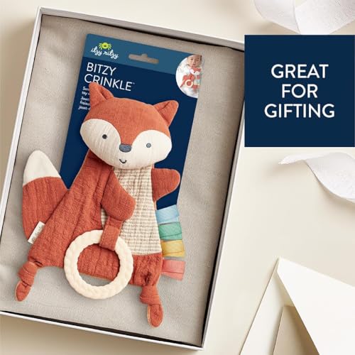 Itzy Ritzy - Bitzy Crinkle Sensory Toy Fox with Crinkle Sound for Babies & Toddlers - Features Soft Braided Teething Ring & Textured Ribbons, Designed for Ages 0 Months and Up, Fox
