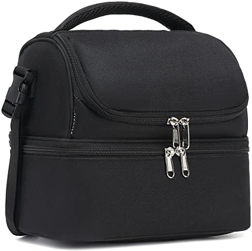 FlowFly Double Decker Cooler Insulated Lunch Bag Large Tote for Boys, Girls, Men, Women, With Adjustable Strap,Black