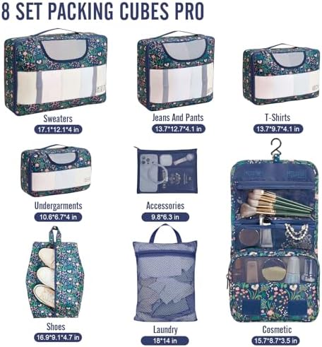 Veken 8 Set Packing Cubes for Travel Essentials, Suitcase Organizer Bags in 4 Sizes, Carry-On Luggage Accessories with Large Laundry & Hanging Toiletry Bag, Must-Have for Airplane, Road Trip & Camping