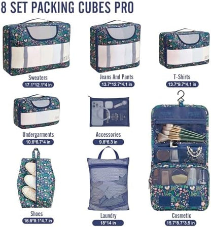 Veken 8 Set Packing Cubes for Travel Essentials, Suitcase Organizer Bags in 4 Sizes, Carry-On Luggage Accessories with Large Laundry & Hanging Toiletry Bag, Must-Have for Airplane, Road Trip & Camping