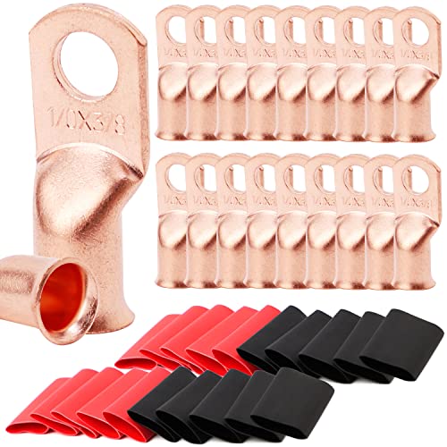 TKDMR 20pcs 1/0 AWG-3/8 Battery Lugs,Heavy Duty Wire Lugs,Ring Terminals,Battery Cable Ends,0 Guage terminals,Battery Terminal Connectors with 20pcs 3:1 Heat Shrink Tubing