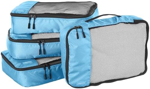 Amazon Basics Medium Packing Cubes for Travel, Packing Organizers, 4-Piece-Set With Double Zipper Pulls and Mesh Top Panel, 100% Durable Polyester, Sky Blue, 13.8"L x 9.8"W x 3"H