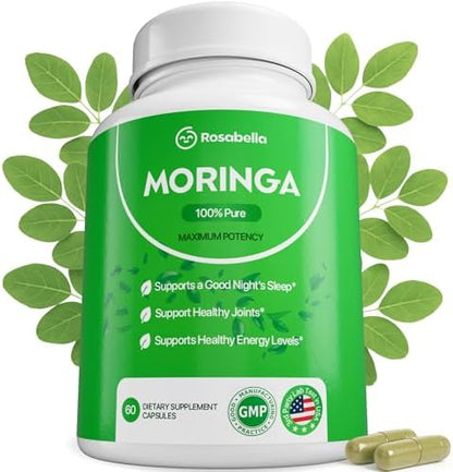 Rosabella Moringa Capsules - Pure Moringa Powder, Energy, Skin, Immune & Gut Health Superfood, Rich in Antioxidants, Essential Vitamins & Amino Acids, Natural Green Superfood Supplement - 60 Count