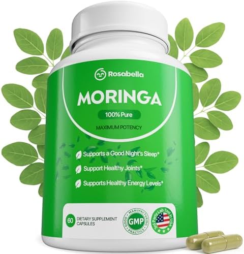 Rosabella Moringa Capsules - Pure Moringa Powder, Energy, Skin, Immune & Gut Health Superfood, Rich in Antioxidants, Essential Vitamins & Amino Acids, Natural Green Superfood Supplement - 60 Count