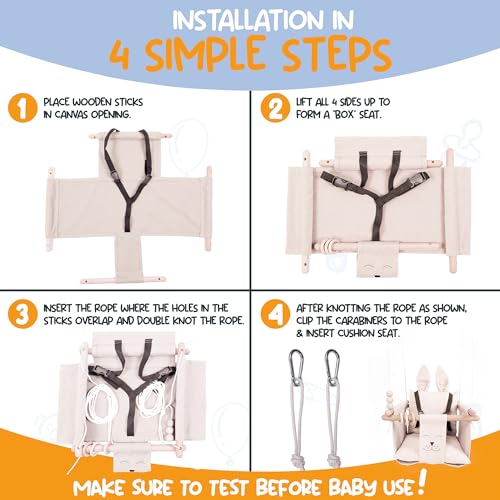 Indoor Outdoor Baby Swing with 3-Point Harness and Hardware for Ceiling, Porch, Doorway, Canvas Baby Swing Outdoor Toddler Swing Seat Beige