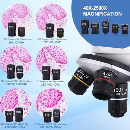 Microscope for Adults & Kids, 40X-2500X High-Power Compound Microscope for Students, School Lab & Home Schooling,Features Prepared Slides Set & Phone Adapter