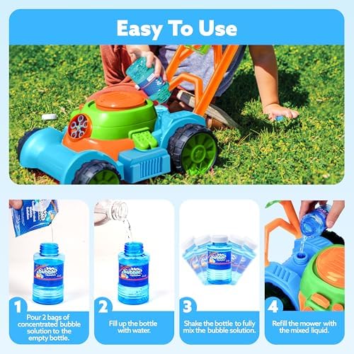 SLOOSH Bubble Lawn Mower Toddler Toys - Pretend Play Bubble Blower Machine Gardening Toy Leak-Proof for Indoor Outdoor Use, Push Toys Preschool Baby Boys Kids Halloween Birthday Gifts (Blue)