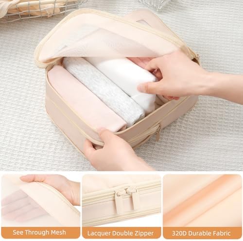 BAGAIL 4 Set/6 Set/8 Set Compression Packing Cubes Travel Accessories Expandable Packing Organizers (Square Mesh, 05-Beige)