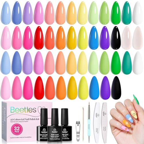 Beetles Gel Nail Polish Set, 25 Colors Bright Gel Polish Kit 32 PCS Nude White Black Pink Blue Green Yellow Colors with Base Glossy Matte Top Coat Gifts for Women Doodle Dreams