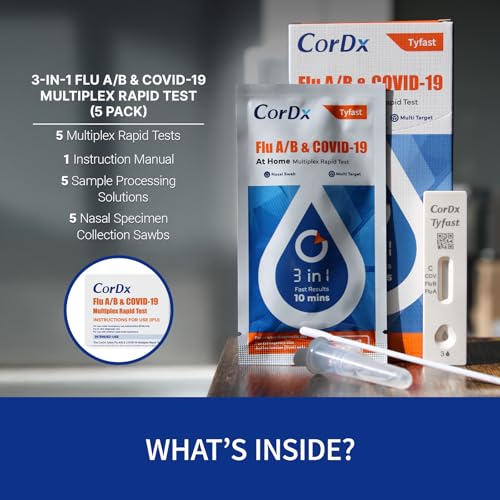 CorDx TyFast 10 Mins Flu A/B & Covid 19 Multiplex Rapid Test, Results in 10 Minutes—Precision Skip The 15 Wait, EUA Authorized, at Home 3 in 1 Combo Kit, 5 Tests, Use-Friendly & No Discomfort