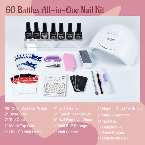JODSONE Gel Nail Polish Kit 60 PCS with U V Light Soak off Base Top Coat 55 Shine Colors Gel Nail Kit Bright and Dark Brown Wine Red Series Manicure Set for Women and Girls