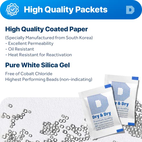 Dry & Dry Silica Gel Packets Desiccants - Rechargeable Silica Gel Packs, Silica Gel Packets, Desiccants Packets - White - 200 Packets (2 Gram)