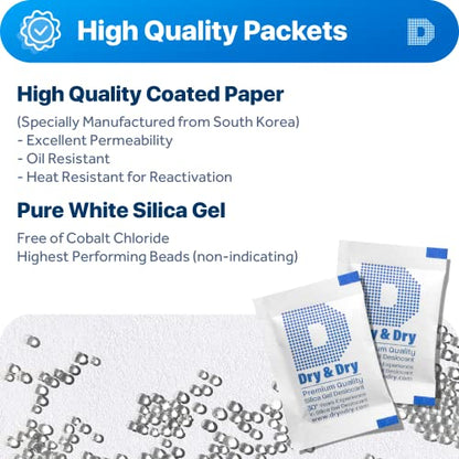 Dry & Dry Silica Gel Packets Desiccants - Rechargeable Silica Gel Packs, Silica Gel Packets, Desiccants Packets - White - 200 Packets (2 Gram)