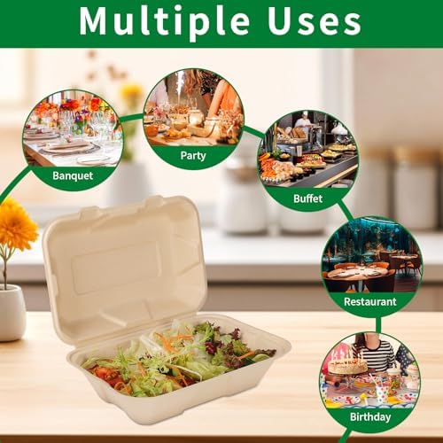Aricsen Compostable 100 Pack 9x6 Inch Takeout Lunch Box Containers with Lid To Go Take Out Clamshell for Food, Disposable Eco-Friendly Biodegradable Bagasse, PFAS-Free, Brown