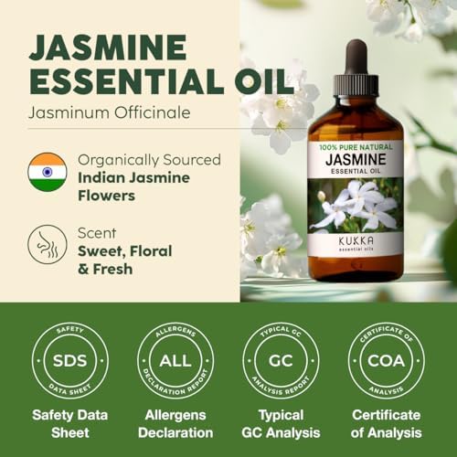 Kukka Jasmine Essential Oil for Diffuser - 4 Fl Oz - 100% Pure Natural Jasmine Oil for Skin, Hair & Soap Making Scents - A Great Relaxing Floral Addition for Hair Care & Perfume
