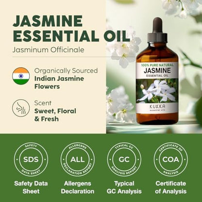 Kukka Jasmine Essential Oil for Diffuser - 4 Fl Oz - 100% Pure Natural Jasmine Oil for Skin, Hair & Soap Making Scents - A Great Relaxing Floral Addition for Hair Care & Perfume