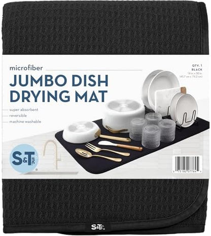 S&T INC. Dish Drying Mat Jumbo, 18” x 30”, Absorbent Microfiber Kitchen Counter Mat, Dish Drying Pad for Dishes, Utensils, Pots and Pans, Jumbo, Black