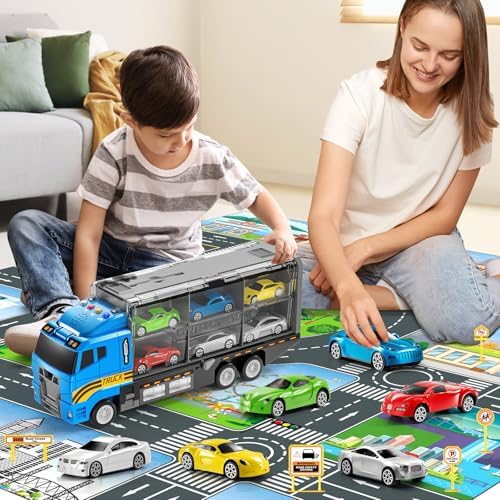 Toddler Boys Toys for 3 4 5 6 Years Old, Truck Vehicle Set with Play Mat, Die-Cast Toy Car Carrier Truck for Kids, Birthday Gifts Toys for 3 4 5 6 7 8+ Year Old Boys