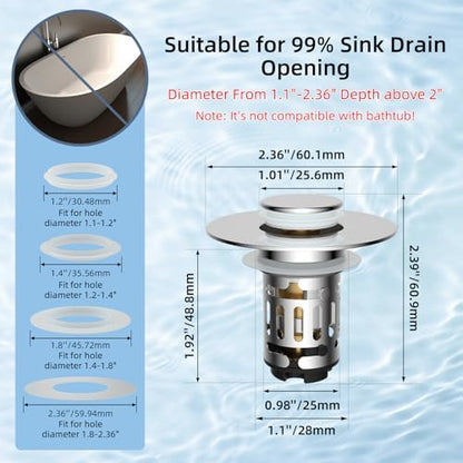 Hibbent 2 Pack 3 in 1 Bathroom Sink Drain Strainer, Universal Pop Up Stopper with Removable Stainless Steel Filter Basket Hair Catcher, Sink Plug for 1.1''~2.36'' Basin, Brass Bullet Core, Chrome