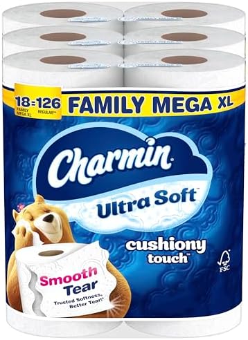 Charmin Toilet Paper Ultra Soft Cushiony Touch, 18 Family Mega XL Rolls = 126 Regular Rolls
