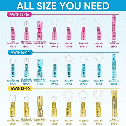 TICONN 330Pcs Heat Shrink Wire Connectors, Waterproof Automotive Marine Electrical Terminals Kit, Crimp Connector Assortment, Ring Fork Spade Butt Splices